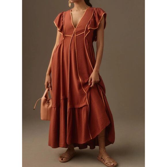 Anthropologie The Mimi Flutter-Sleeve Tipped Maxi Dress Rust Medium Petite - Picture 1 of 6